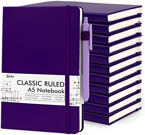 feela 12 Pack Notebooks Journals Bulk, Hardcover Notebook Classic Ruled Journal Set with Pen Holder for School Business Work Travel Writing, with 12 Black Pens, 120 GSM, 5.1”x8.3”, A5, Purple by feela