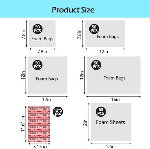 320 pcs Moving Packaging Supplies Set, 260 pcs Cushioning Foam Pouchs&Sheets, 4 Sizes (16"x12",12"x12" 12"x7.8",7.8"x7.8") With 60 Fragile Stickers,For Moving,Packaging,Storage - Image 2