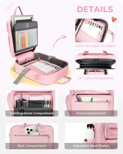 Zipper Binder 3 Ring with Ita Window, 3 Inch D-Ring Binder with Zipper and Strap Fits 14" Laptop, 600+ Sheets Capacity 3-in-1 Shoulder/Backpack/Handle Binder Bag for School Office Commute, Pink - Image 5