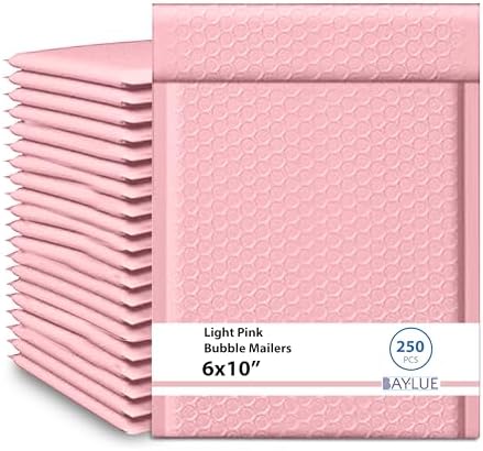 Light Pink Bubble Mailers 6x10, Poly Padded Envelopes #0, 250 Pack by BAYLUE