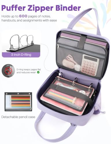 Puffer Zipper Binder 3 Ring with Pencil Pouch, 3" D-ring Binder with Zipper and Shoulder Strap, 600 Sheets Capacity Zip Up Binder with 15.6" Laptop Pocket, Binder Bag for School College Office, Purple - Image 4