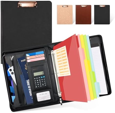 Ospelelf Zippered Padfolio Portfolio Folder, Leather Clipboard with Storage, 3 Ring Binder 1 Inch,12.1” Tablet Sleeve, 5 Dividers with Pocket, Refillable Notepad, Card Slot (Classic Black) by OspelelfOfficeSupplies