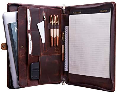 Genuine Leather Business Portfolio Padfolio Folder with Zipper for Men, Men's Leather Padfolio Folder for 13" Laptop, Business Portfolio for Letter Size Notepad, Graduation Gift，Oil Wax by Gavarnie