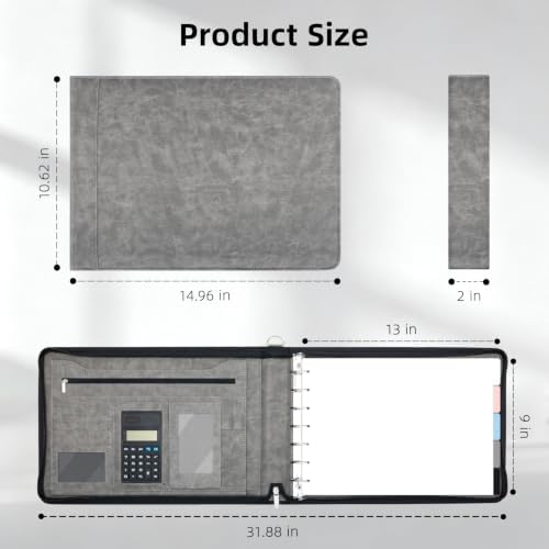 Ospelelf Grey Zippered 7 Ring Check Binder for Business Checks (9" x 13"), 1 Inch Faux Leather Checkbook Portfolio with Zipper Pouch, Professional Binder Organizer for Accountants, Home Use - Image 6