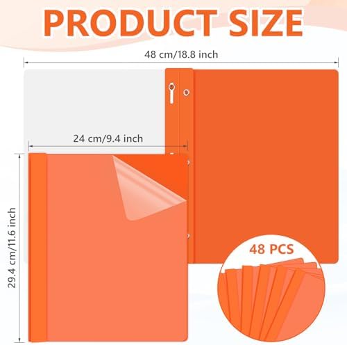 Feifeiya 48 Pack Plastic Report Covers with 3 Prongs Presentation Folders Bulk, 100 Sheet Capacity, Clear Front Report Covers for Presentation Document Paper School Office Supplies (Orange) - Image 2