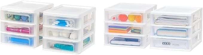 Bundle of IRIS USA Plastic Stacking Desk Top 3-Drawer Storage Organizer, 2-Pack, Small, White + IRIS USA Medium 3-Drawer Desktop Organizer with Open Tray Top, 2 Pack, Plastic Drawer Storage Container by Unknown