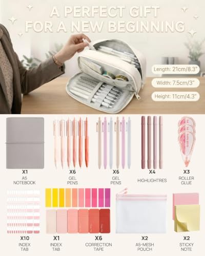 42pcs Cute Pencil Case, Large Capacity Study Pouch Bag with 4-Compartments, Portable Soft Canvas Easy Carry for Library and Office Supplies Kit, Elegant Aesthetic Study for Women (beige) - Image 2