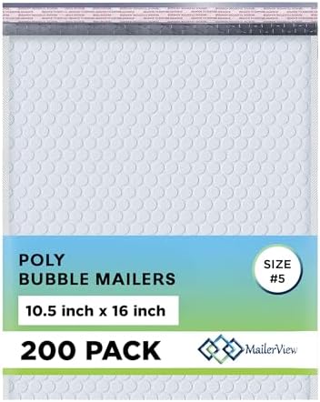Arctic White Bubble Mailers 10.5x16 Poly Padded Envelopes #5 200 Pack by MAILERVIEW