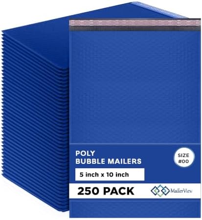 Royal Blue Bubble Mailers 5x10, Self Seal Poly Padded Envelopes #00, 250 Pack by MAILERVIEW