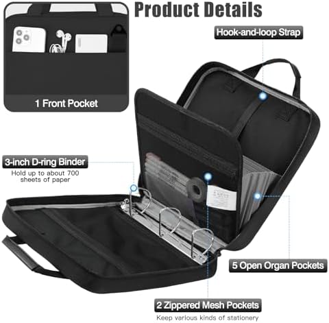 MoKo Zipper Binder, 3 Inch 3 D Ring, 5 Tab File Folders, 700 Sheets, Black - Image 3