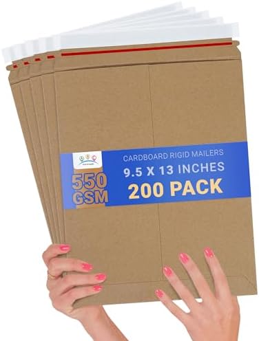 ABC PACK & SUPPLY Rigid Mailers 9.5 x 13 Inch, Brown Cardboard Envelopes, Self Seal Tear Strip, 550 GSM Paperboard, Stay Flat Design, Pack of 200 by ABCPackSupply%C2%AE