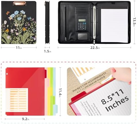 Ospelelf Leather Portfolio Folder with Zipper - 3 Ring Binder with Clipbard - Calculator, 12.1” Tablet Sleeve, 5 Dividers with 10 Pockets, Refillable Notepad, Card Holder (Bushes) - Image 2