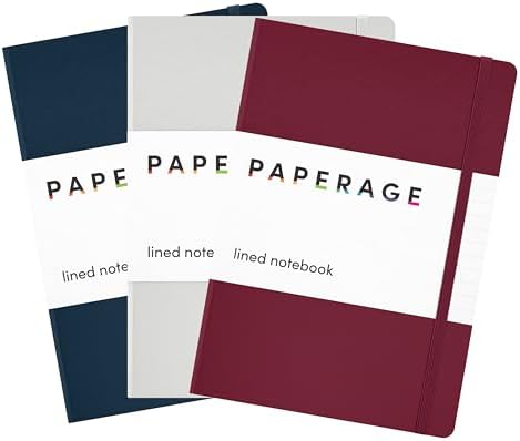 PAPERAGE Lined Journal Notebook, 3 Pack, (Burgundy, Light Grey, Navy), 160 Pages, Medium 5.6 in x 8 in - 100 GSM Thick Paper – Hardcover Journaling Notebook for Work, School & Note Taking by PAPERAGE