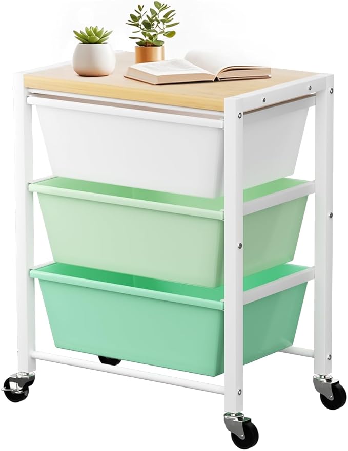 Rolling Cart with 3 Drawers, Plastic Drawer Storage Carts with Lockable Wheels & Wooden Tabletop, Metal Utility Cart Organizer, Office Bedroom Classroom Craft Organization and Storage, Bright Green by TimeForest