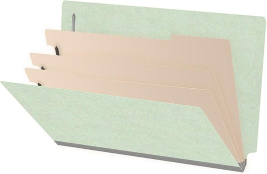 Ecom Folders End Tab Pressboard Classification Folders | Legal Size 25 Pt Type III Stock with 3 Dividers & 3" Tyvek Expansion | 2 Fasteners Pos 1 & 3 for Medical & Office Docs | Pale Green, Box of 10 by Ecom+Folders