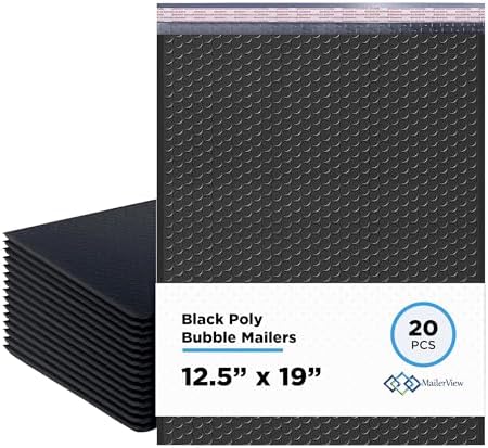 Jet Black Bubble Mailers 12.5x19, Poly Padded Envelopes #6, 20 Pack by MAILERVIEW