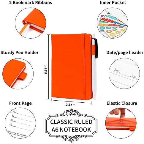 feela 15 Pack Pocket Small Notebooks Bulk, Mini Cute Notepads Hardcover College Ruled Lined Journals with Pen Holder for School Business Memos, with 15 Black Pens, 3.5”x 5.5”, A6, Orange - Image 2