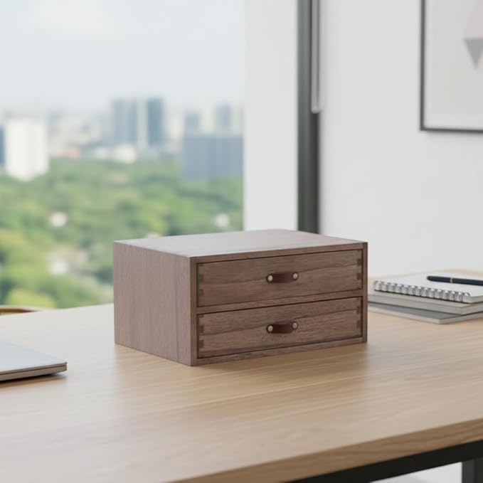 DDYURI Wood 2 Drawer Desktop Organizer Cabinet - Desk Storage Box for Kitchen Counter, Dresser Tabletop - Wooden File Organizer Printer Machine Stand for Office Accessories Chest Dark (FAX2C-DK) - Image 2
