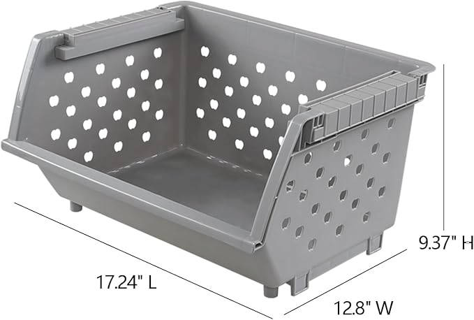 3 Pack Large Open Front Stacking Storage Bins, Plastic Stackable Basket , Gray - Image 4