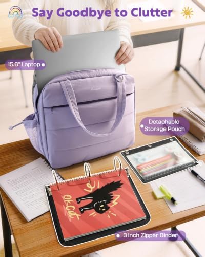 Puffer Zipper Binder 3 Ring with Pencil Pouch, 3" D-ring Binder with Zipper and Shoulder Strap, 600 Sheets Capacity Zip Up Binder with 15.6" Laptop Pocket, Binder Bag for School College Office, Purple - Image 3