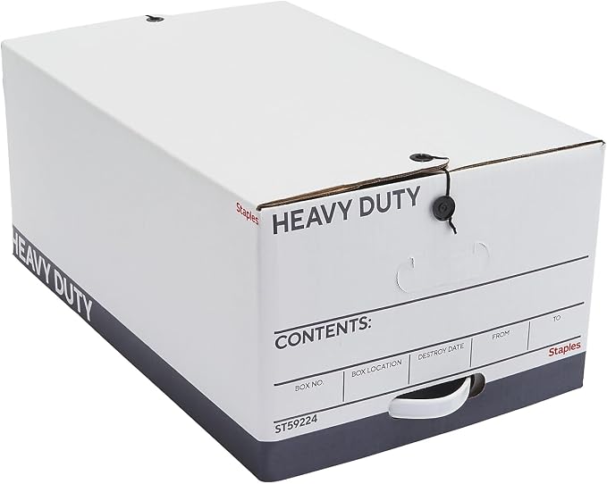 STAPLES Heavy Duty File Box, String and Button Lid, Legal, White/Gray, 4/Pack (TR59224) by Staples