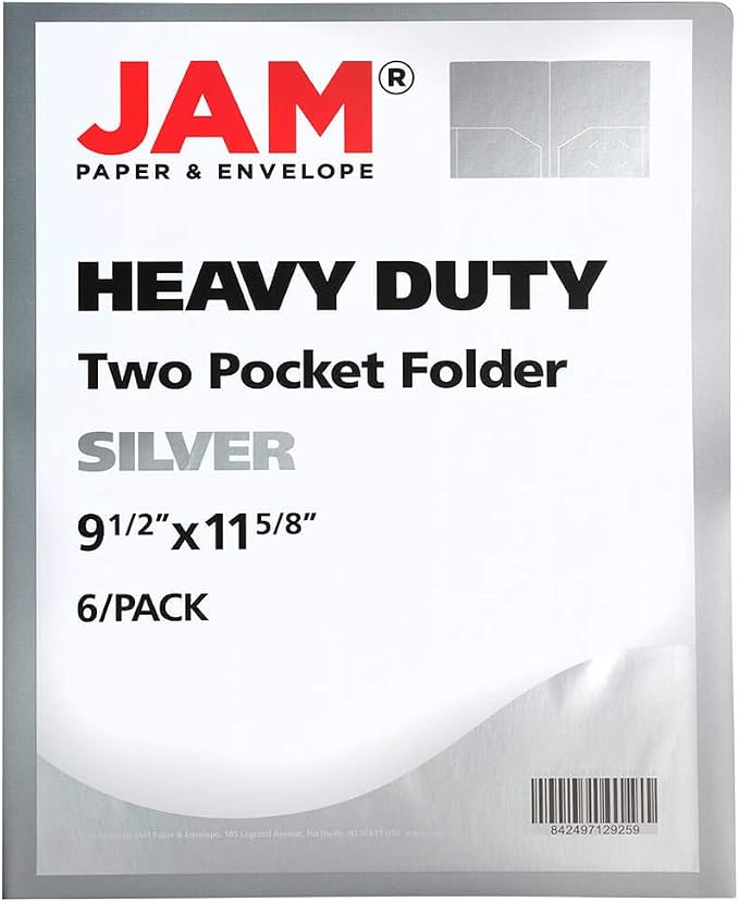 JAM PAPER Heavy Duty Plastic 2 Pocket Extra Tough School Folders - Silver - 6/Pack - Image 2