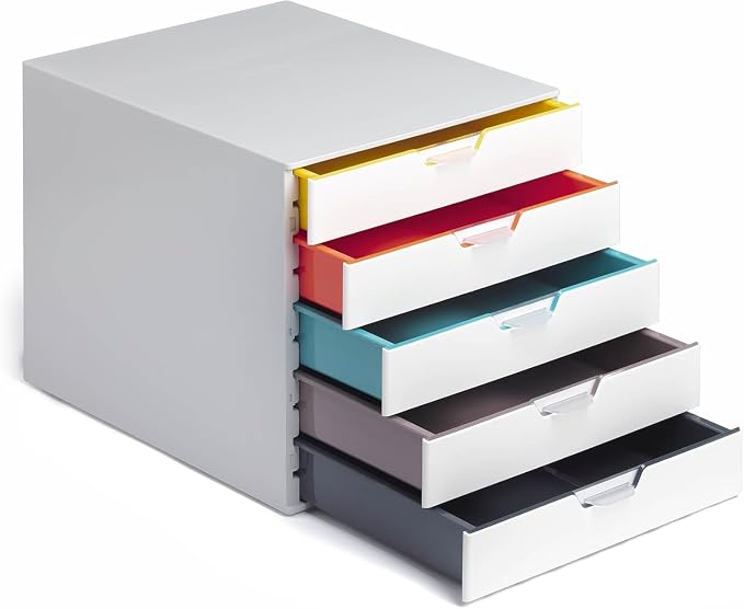 Durable Varicolor 5 Drawer Unit - White Desktop Drawer Set with 5 Color Coded Draws - Letter to Folio Size Files - Perfect for Storing Documents and Paper Work by DURABLEOfficeProducts