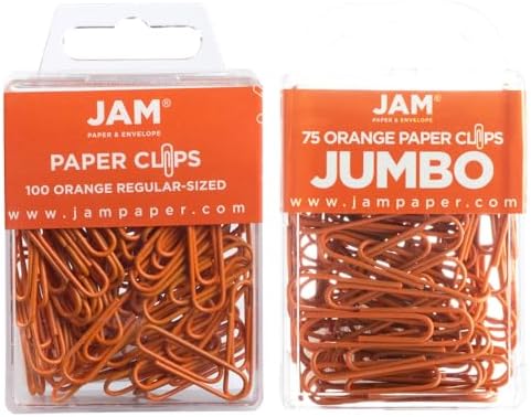 JAM PAPER Combo Pack Colorful Paper Clips - Standard & Jumbo - Orange Paperclips - 1 Pack of 100 & 1 Pack of 75 by JAMPaper