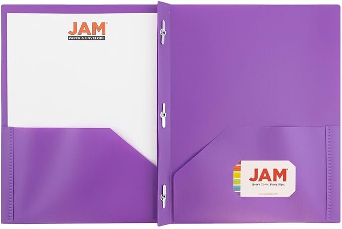 JAM PAPER Plastic 2 Pocket POP Folders - Durable School Folders with Metal Prongs Fastener Clasps - Purple - 24/Pack - Image 5