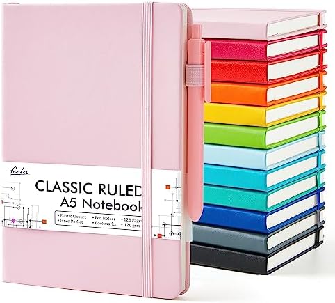 feela Notebooks Journals Bulk, Hardcover Notebook Classic Ruled Journal Set with Pen Holder for School Business Work Travel Writing, with 12 Black Pens, 120 GSM, 5.1”x8.3”, 12 Pack, A5, Solid Colors by feela