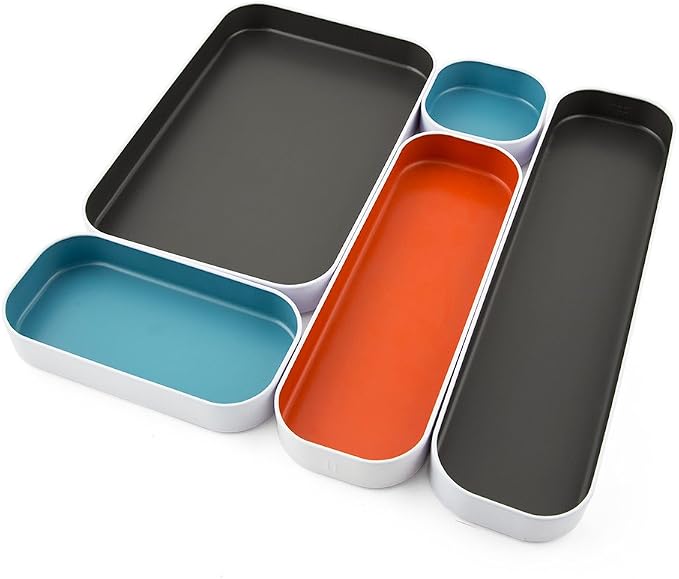 Three by Three Seattle Metal Drawer Organizer Tray Set, 5-Pc, 1" (Gray Mix) | Colorful 1" metal bins; food-safe; soft non-scratch base; kitchen, bathroom, vanity, desk & office drawers by ThreebyThreeSeattle