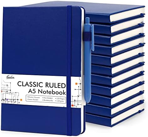 12 Pack Notebooks Journals Bulk with 12 Black Pens, Feela A5 Hardcover Notebook Classic Ruled Journal Set with Pen Holder for School Business Work Travel Writing, 120 GSM, 5.1”x8.3”, Navy by feela