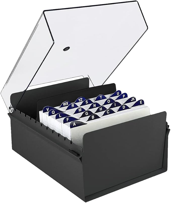 Acrimet 5 X 8 Card File Holder Organizer Box Metal Base Heavy Duty (AZ Index Cards and Divider Included) (Black Color with Clear Crystal Plastic Lid Cover) | With A-Z Index & Non-Slip by Organizingyourlife