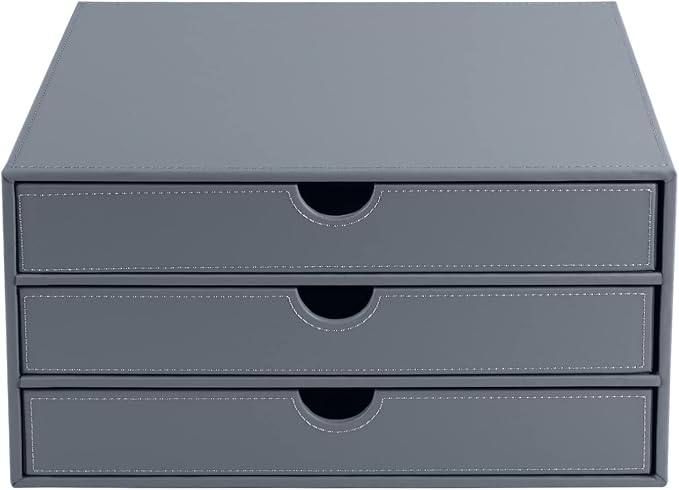 PU Leather Desk Organizer with 3 Drawers,Executive Office Supplies Desktop Filing A4 File Cabinet/Holder for Jewelry/Bill/Paper/Documents/Makeup Home Decor Stationery Storage Box,Grey - Image 4