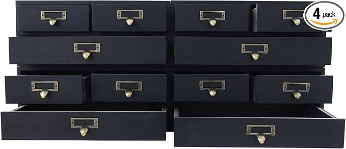 Stackable Wooden Desk Storage Box, 12 Drawers Tabletop Organizer, Black | 4-Pack Countertop Apothecary Cabinet, Vintage Library Card Catalog Storage Cabinet with Metal Label Handles for Office Home by LifeFirstChoice-Blisiour