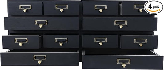 Stackable Wooden Desk Storage Box, 12 Drawers Tabletop Organizer, Black | 4-Pack Countertop Apothecary Cabinet, Vintage Library Card Catalog Storage Cabinet with Metal Label Handles for Office Home by LifeFirstChoice-Blisiour