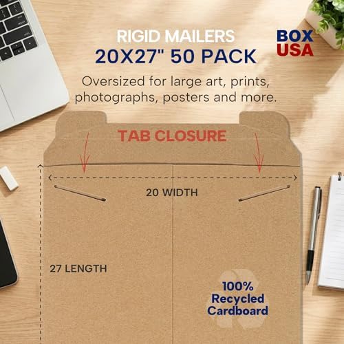 BOX USA Rigid Mailers 20" x 27" (50-Pack) - Kraft Mailer Envelopes for Oversized Posters, Artwork, Blueprints - Stay Flat - Image 2