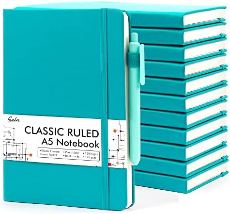 feela 12 Pack Notebooks Journals Bulk with 12 Black Pens, A5 Hardcover Notebook Classic Ruled Journal Set with Pen Holder for School Business Work Travel Writing, 120 GSM, 5.1”x8.3”, Emerald by feela