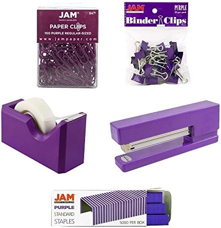 JAM PAPER Office Starter Kit - Purple - Stapler, Tape Dispenser, Staples, Paper Clips & Binder Clips - 5/Pack by JAMPaper