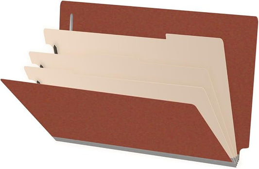 Ecom Folders End Tab Pressboard Classification Folders | Legal Size 25 Pt Type III Stock with 3 Dividers & 3" Tyvek Expansion | 2 Fasteners Pos 1 & 3 for Medical & Office Docs | Brick Red, Box of 10 by Ecom+Folders
