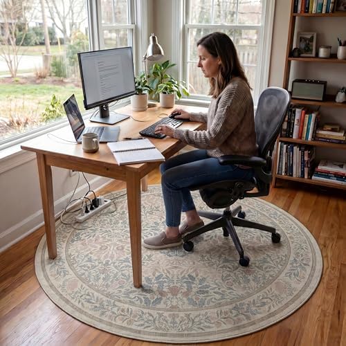5FT Round Office Chair Mat for Hardwood Floor, Non-Slip Washable Beige Pink - Image 2