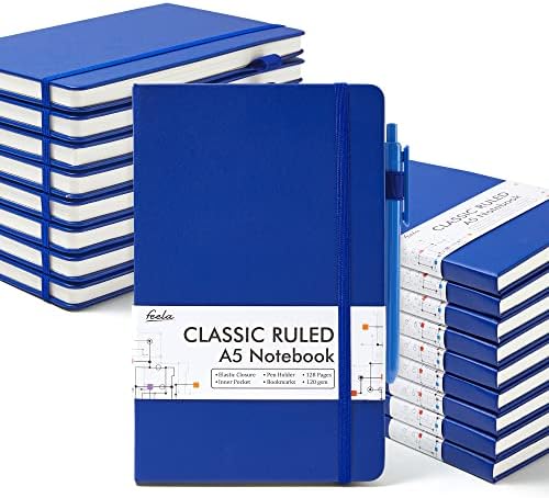 feela College Ruled Notebooks, 18 Pack Business Notebook Bulk Hardcover Lined Writing Journal with Pen Holder for Men Women Note Taking, with 18 Black Pens, 120 GSM, 5.1”x8.3”, A5, Navy by feela