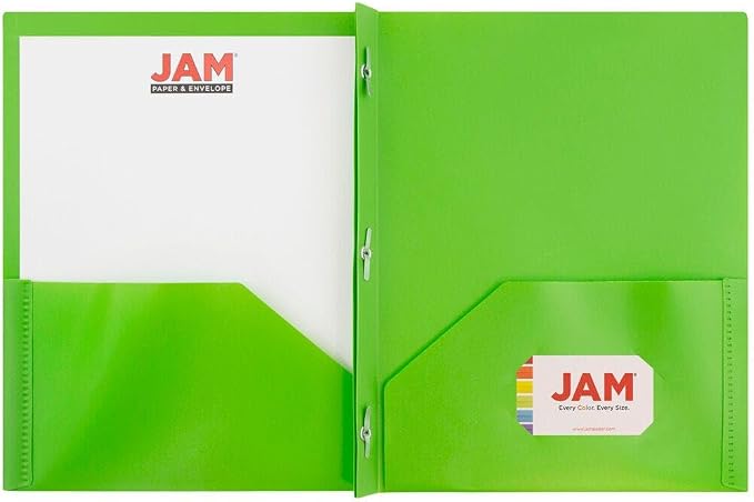 JAM PAPER Plastic 2 Pocket POP Folders - Durable School Folders with Metal Prongs Fastener Clasps - Lime Green - 12/Pack - Image 5