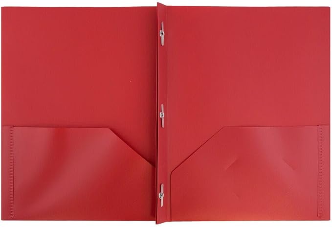 JAM PAPER Plastic 2 Pocket POP Folders - Durable School Folders with Metal Prongs Fastener Clasps - Red - Bulk 48/Pack - Image 2