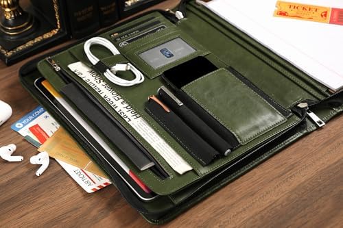 Personalized Leather Portfolio for Men, Business Padfolio with Zipper, Vegan Leather Folio with A4 Writing Pad Holder Organizer for Resume, Interview, Custom Portfolio - Green - Image 5