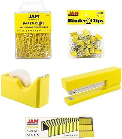 JAM PAPER Office Starter Kit - Yellow - Stapler, Tape Dispenser, Staples, Paper Clips & Binder Clips - 5/Pack by JAMPaper