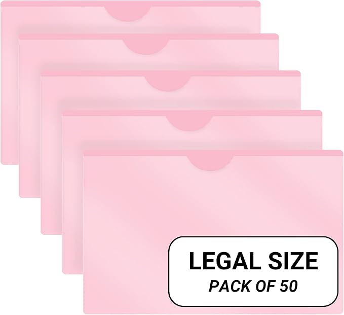 Doctor Stuff- 50 Pack, Vinyl Plastic Pocket File Folders Closed Sides, Legal Size, Clear Front Top Loading Job Jacket, Documents Holder for Office, High School and Medical Files, Pink by DoctorStuff