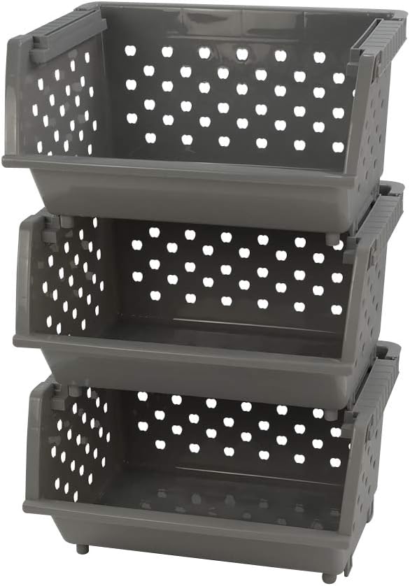 3-Pack Plastic Stacking Open Front Organizer Baskets, Gray | Durable stackable storage bins with modular design, large capacity, for pantry, closet, kitchen & garage organization by Callyne