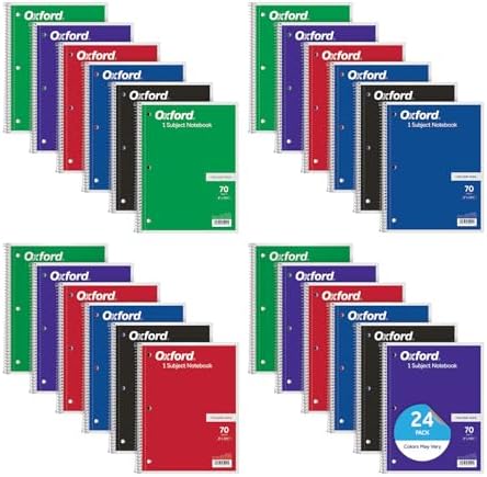 Oxford Spiral Notebooks, Bulk College Ruled Spiral Notebooks for School, 1-Subject, College Ruled Paper, 70 Lined Sheets, 24 per Pack, 3-Hole Punch, Colors May Vary (65021) by Oxford