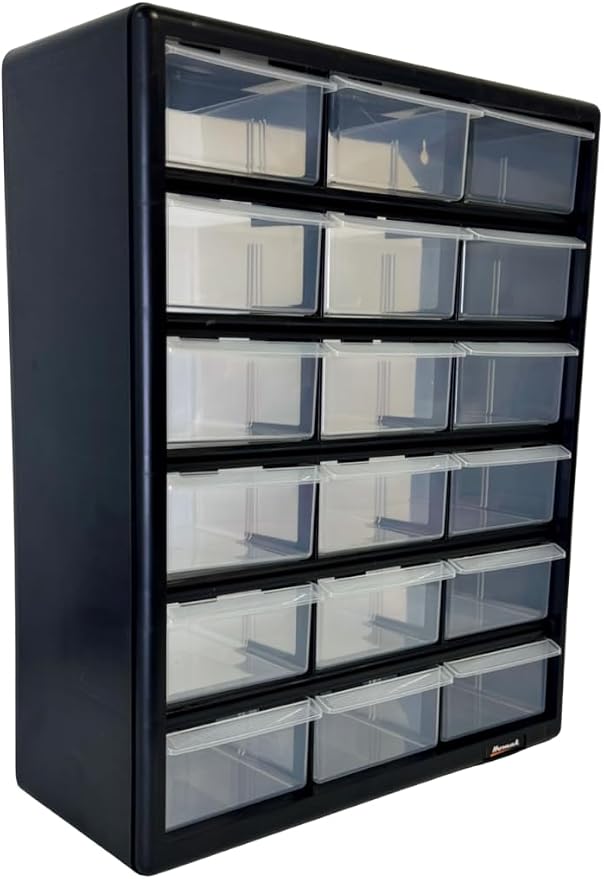 Homak 18-Drawer Parts Organizer, Black, Wall Mountable, Clear Plastic Drawers, HA01018001 - Image 6